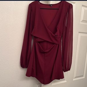 Burgundy, long sleeve romper with middle cut out